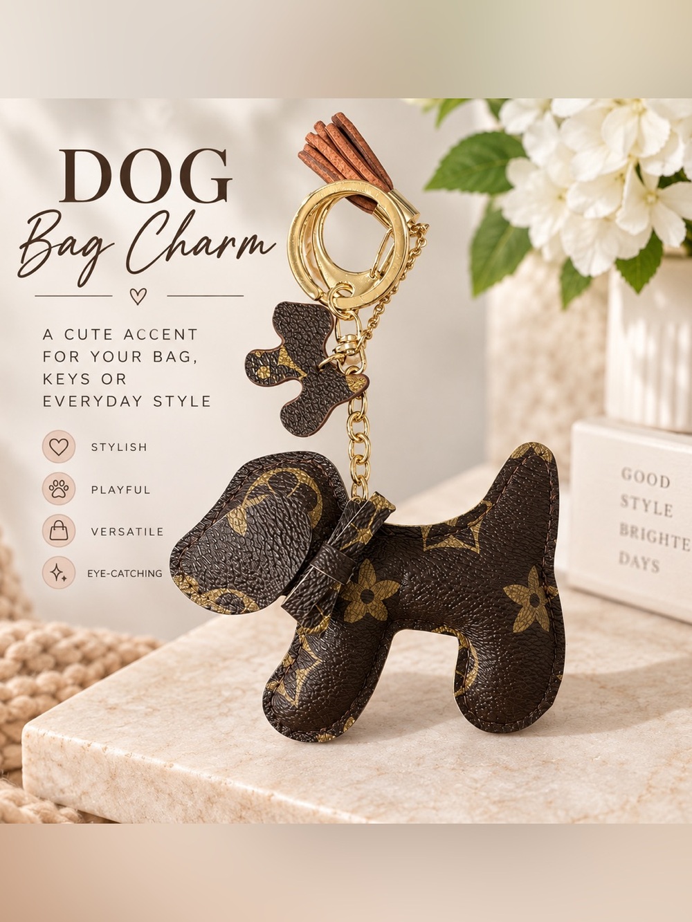 Brown Monogram Style Dog Bag Charm Keychain Tassel Gold Tone